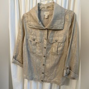 Chico's 100% Shiny golden Linen Button Up jacket/Shirt Gloss Sheen Sz. 1…